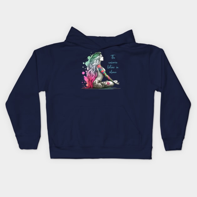 The universe listen in silence. Yoga Kids Hoodie by O.M.Art&Yoga